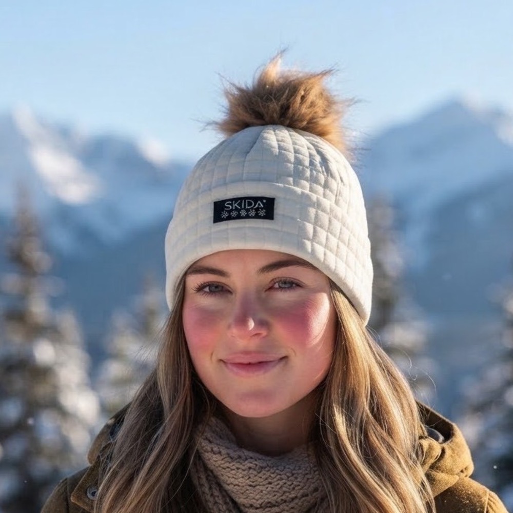 Skida Alpine Hat Women S/M Ecru Quilted Polartec Faux Fur Pom Beanie Nwt